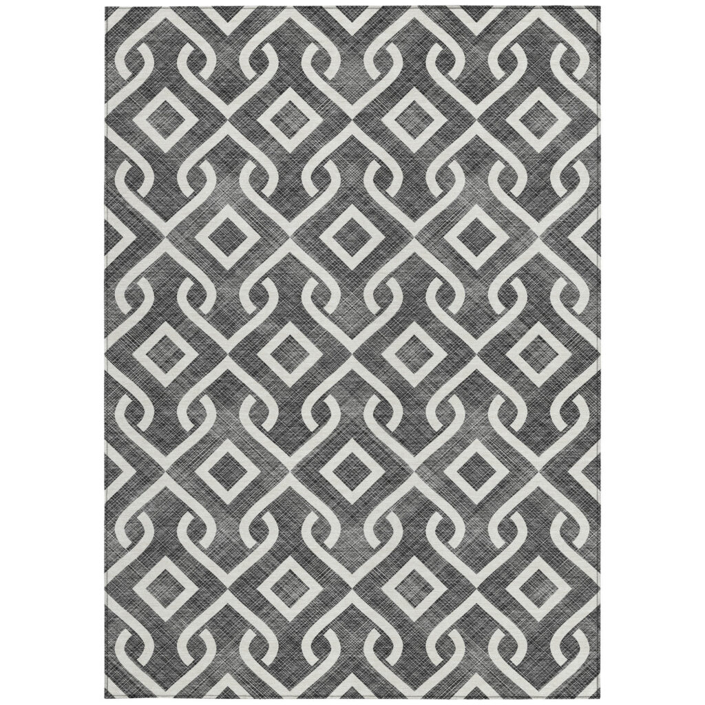8' X 10' Black And Ivory Geometric Washable Indoor Outdoor Area Rug