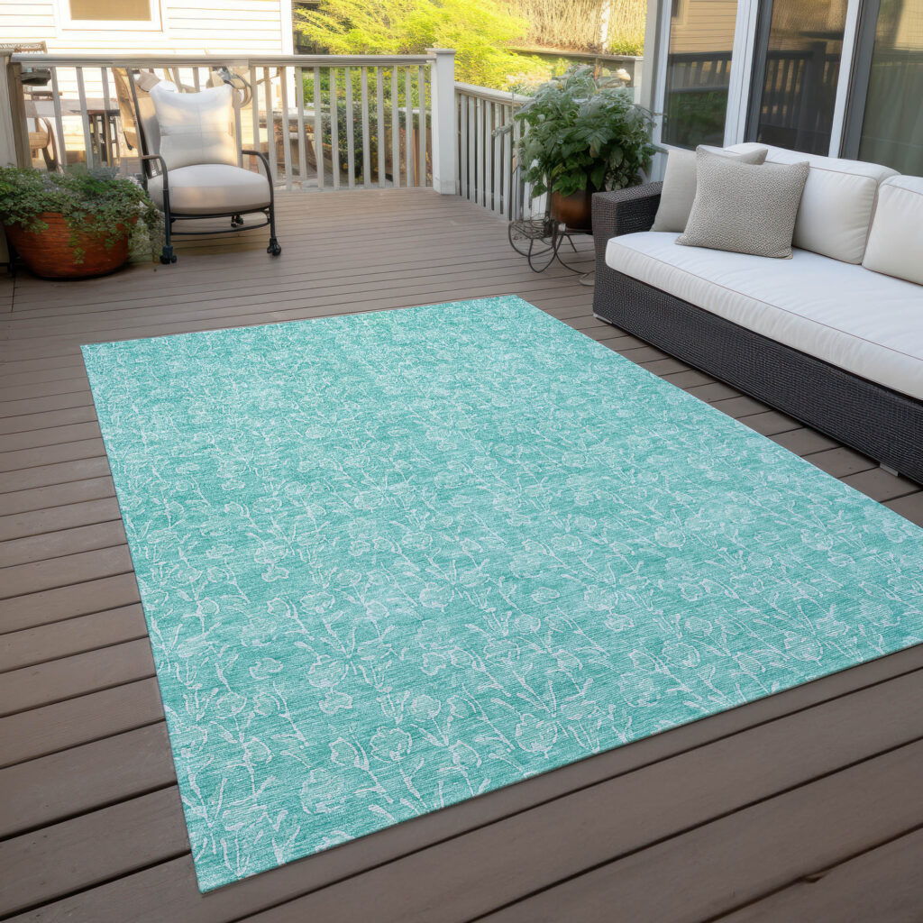 9' X 12' Teal Blue And Ivory Floral Washable Indoor Outdoor Area Rug