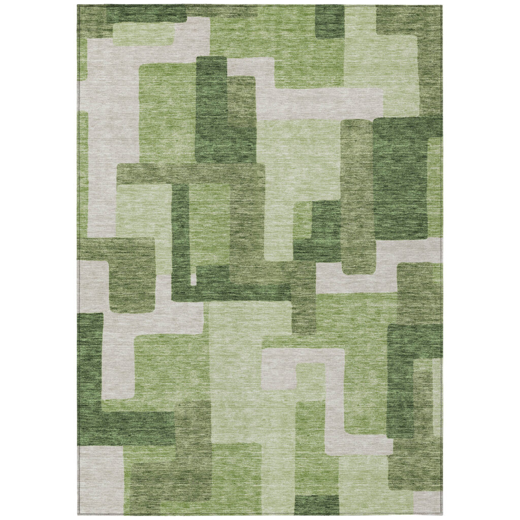 9' X 12' Artichoke Green And Ivory Abstract Washable Indoor Outdoor Area Rug