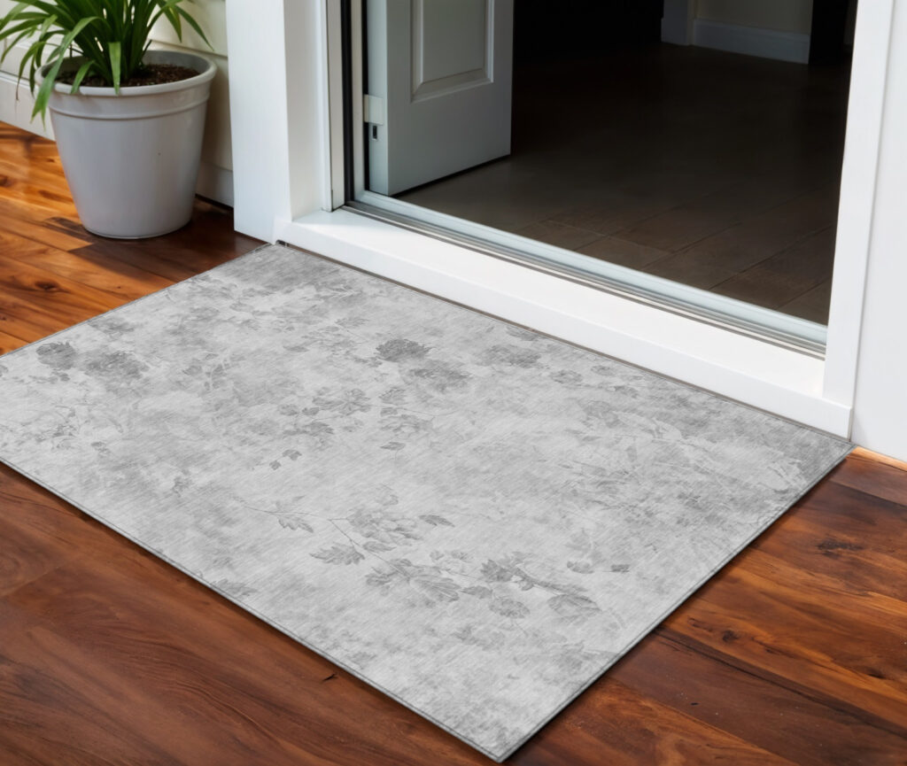 3' X 5' Gray Charcoal And Silver Floral Washable Indoor Outdoor Area Rug