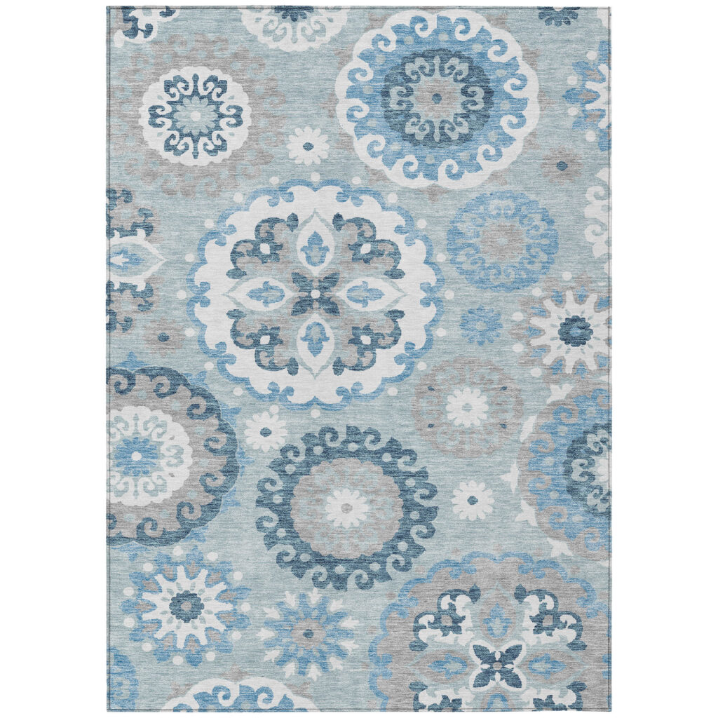 3' X 5' Sky Blue And Denim Blue Floral Medallion Washable Indoor Outdoor Area Rug
