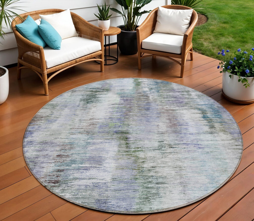 8' Green Gray And Purple Round Abstract Washable Indoor Outdoor Area Rug