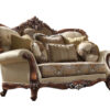 74" Tan And Brown Velvet Damask Curved Loveseat and Toss Pillows