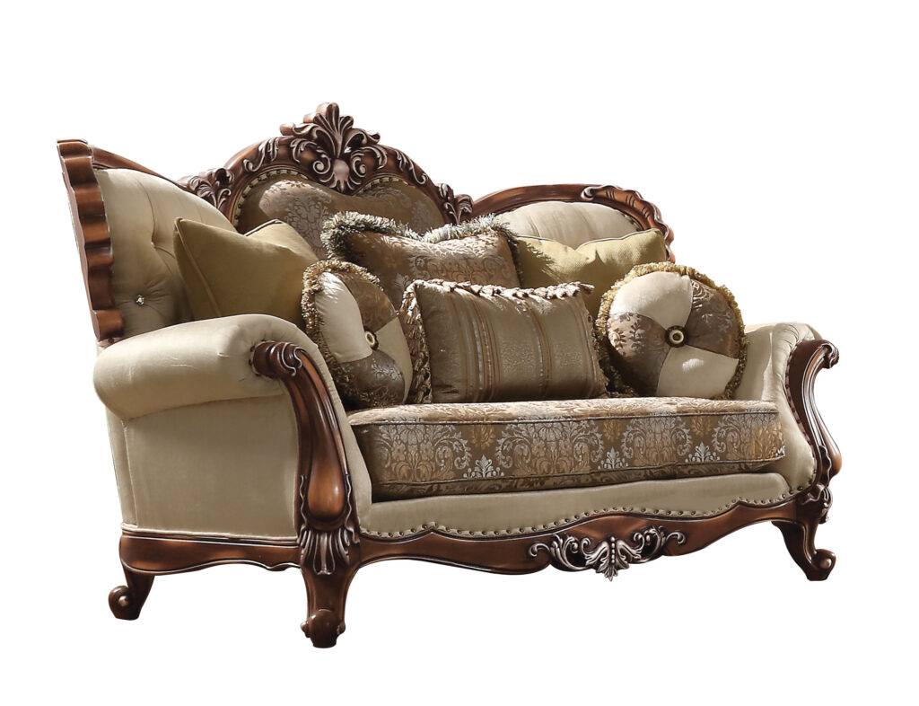 74" Tan And Brown Velvet Damask Curved Loveseat and Toss Pillows