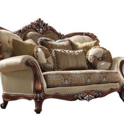 74" Tan And Brown Velvet Damask Curved Loveseat and Toss Pillows