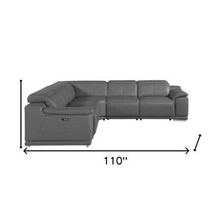 Gray Italian Leather Power Reclining U Shaped Five Piece Corner Sectional With Console