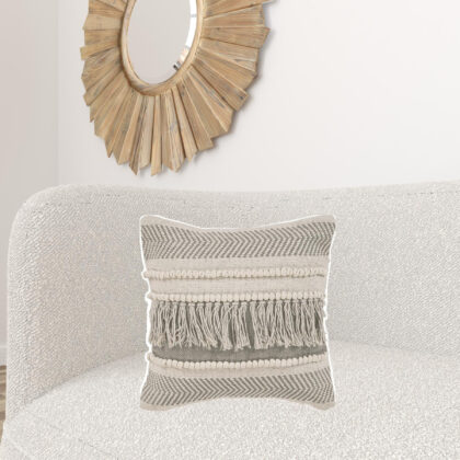 20" X 20" Beige and Ivory Chevron Cotton Zippered Pillow With Fringe