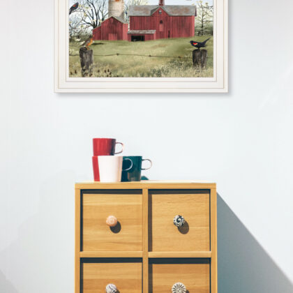 Rustic Red Barn and Birds White Framed Print Wall Art