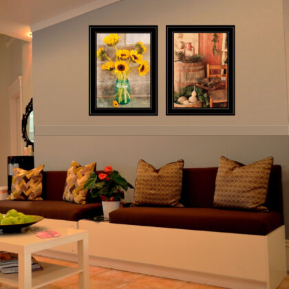 Set Of Two Vintage Country And Sunflowers 2 Black Framed Print Wall Art