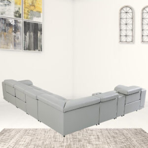 Light Gray Italian Leather Power Reclining U Shaped Seven Piece Corner Sectional With Console