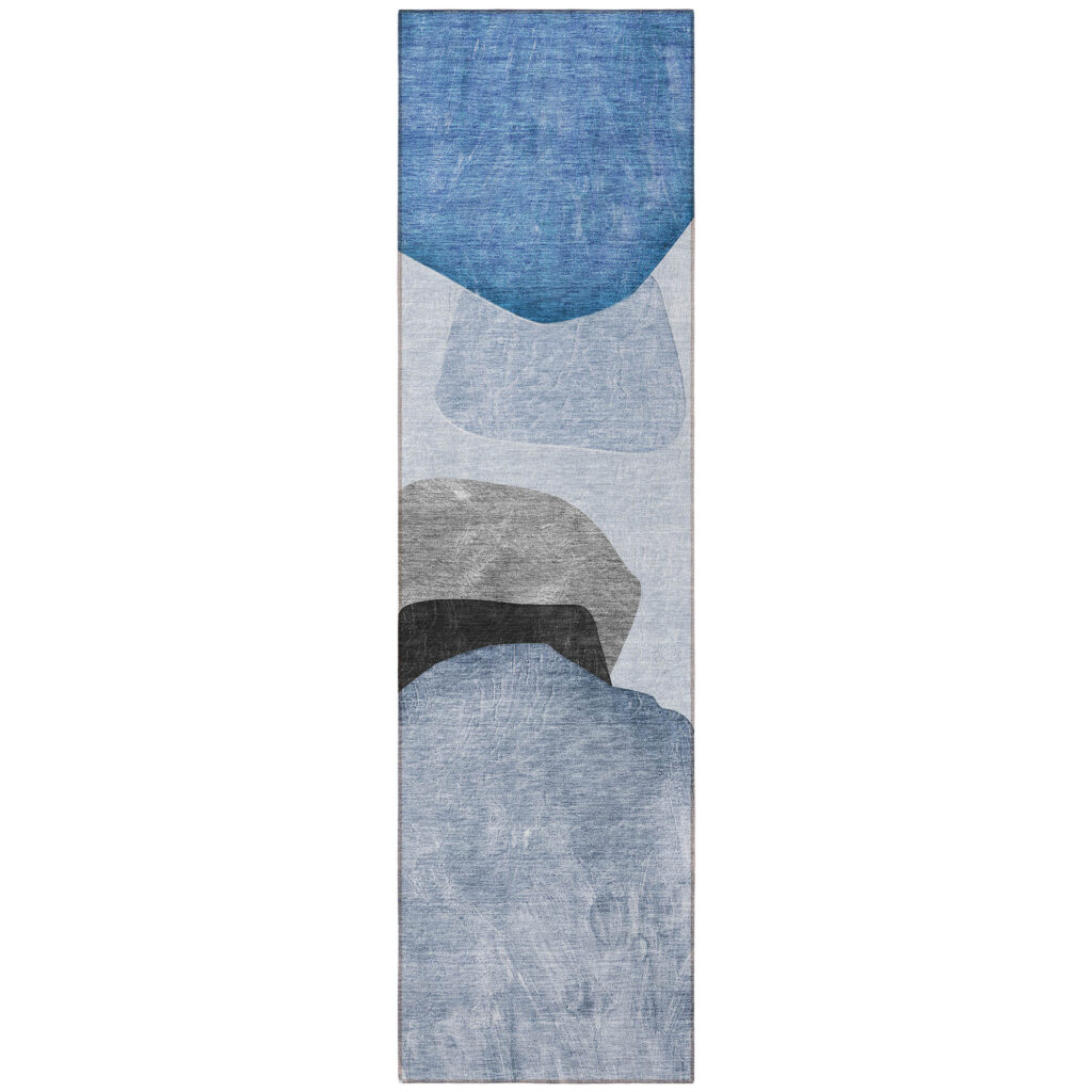 8' Runner Blue Gray and Black Abstract Washable Non Skid Indoor Outdoor Runner Rug