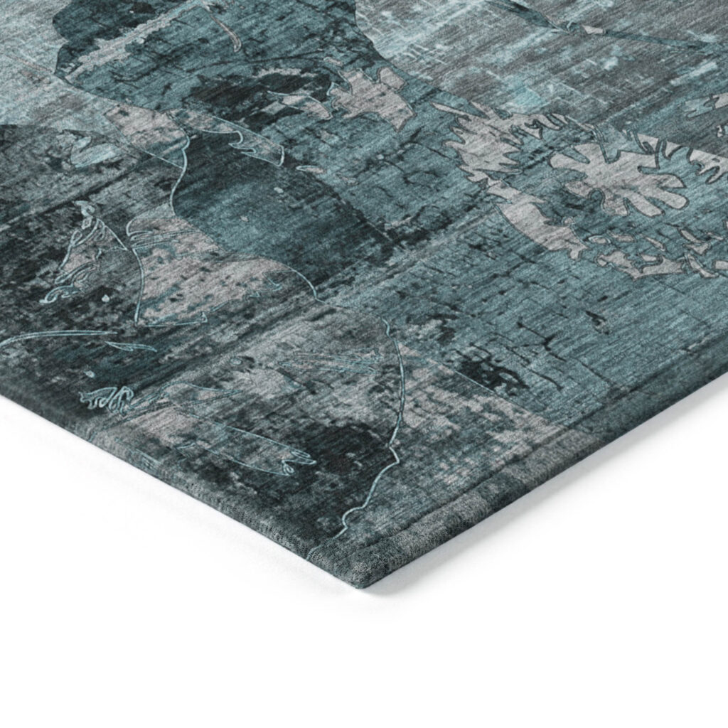 8' X 10' Teal and Gray Floral Washable Non Skid Indoor Outdoor Area Rug