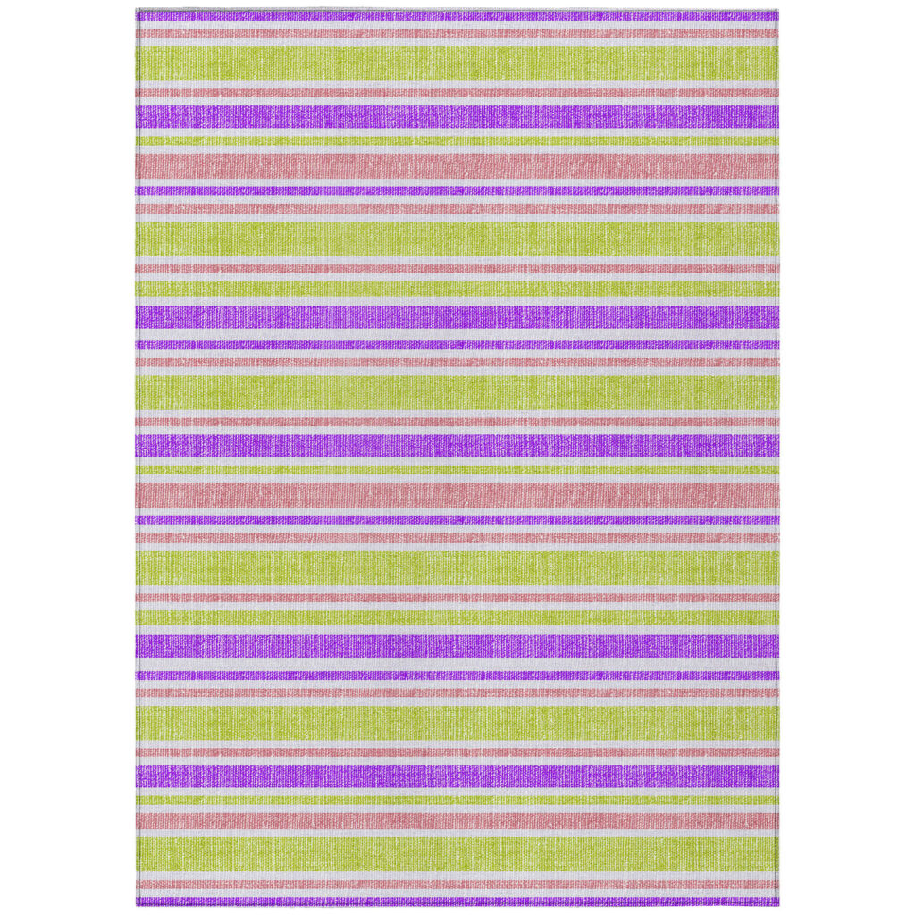 8' X 10' Purple Green and Pink Striped Washable Non Skid Indoor Outdoor Area Rug