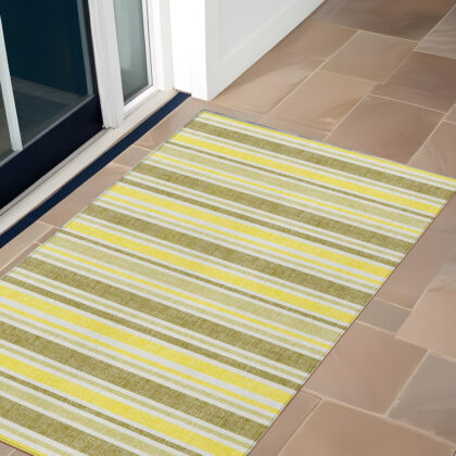3' X 5' Khaki Yellow and Gray Striped Washable Non Skid Indoor Outdoor Area Rug