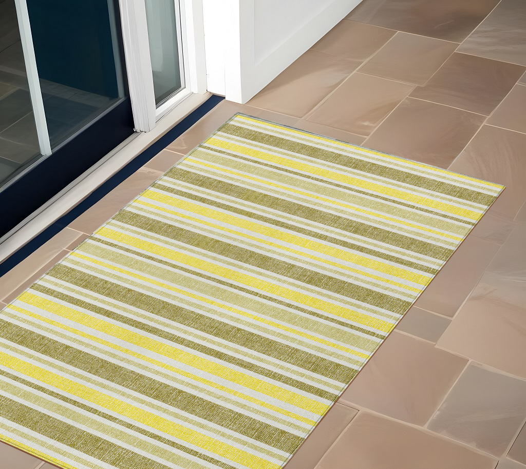 3' X 5' Khaki Yellow and Gray Striped Washable Non Skid Indoor Outdoor Area Rug