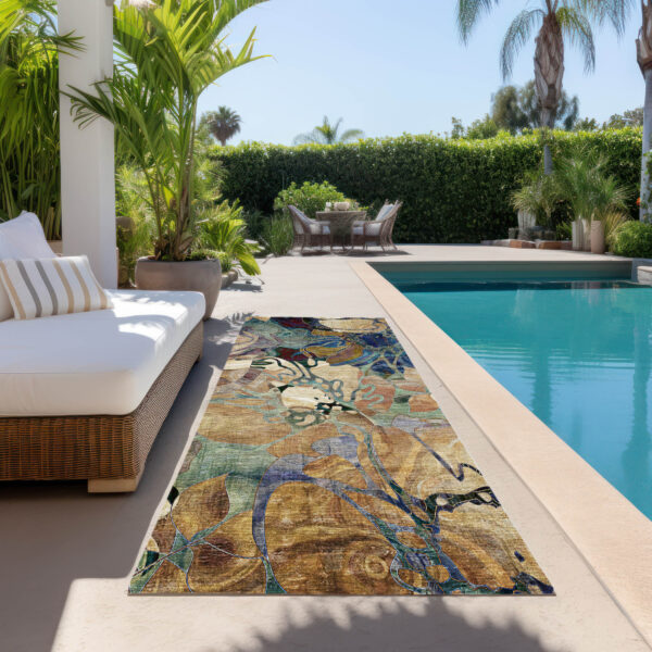 2' X 8' Beige and Blue Abstract Washable Indoor Outdoor Runner Rug
