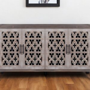 63" Brown Distressed Carved Scrollwork Sideboard with Four Doors