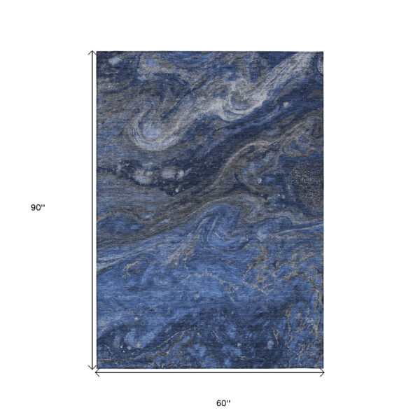 5' X 8' Denim Blue And Sky Blue Abstract Washable Indoor Outdoor Area Rug