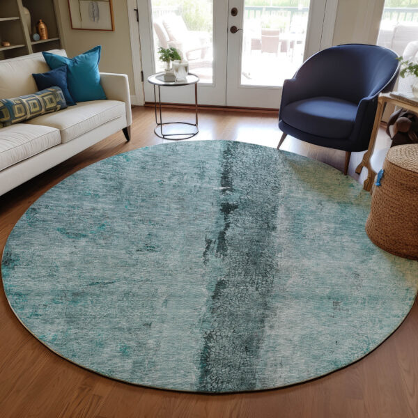 8' Teal Blue Aqua And Charcoal Round Abstract Washable Indoor Outdoor Area Rug