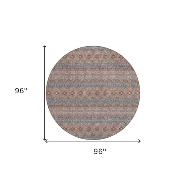 8' Orange Copper And Gray Round Floral Medallion Washable Indoor Outdoor Area Rug