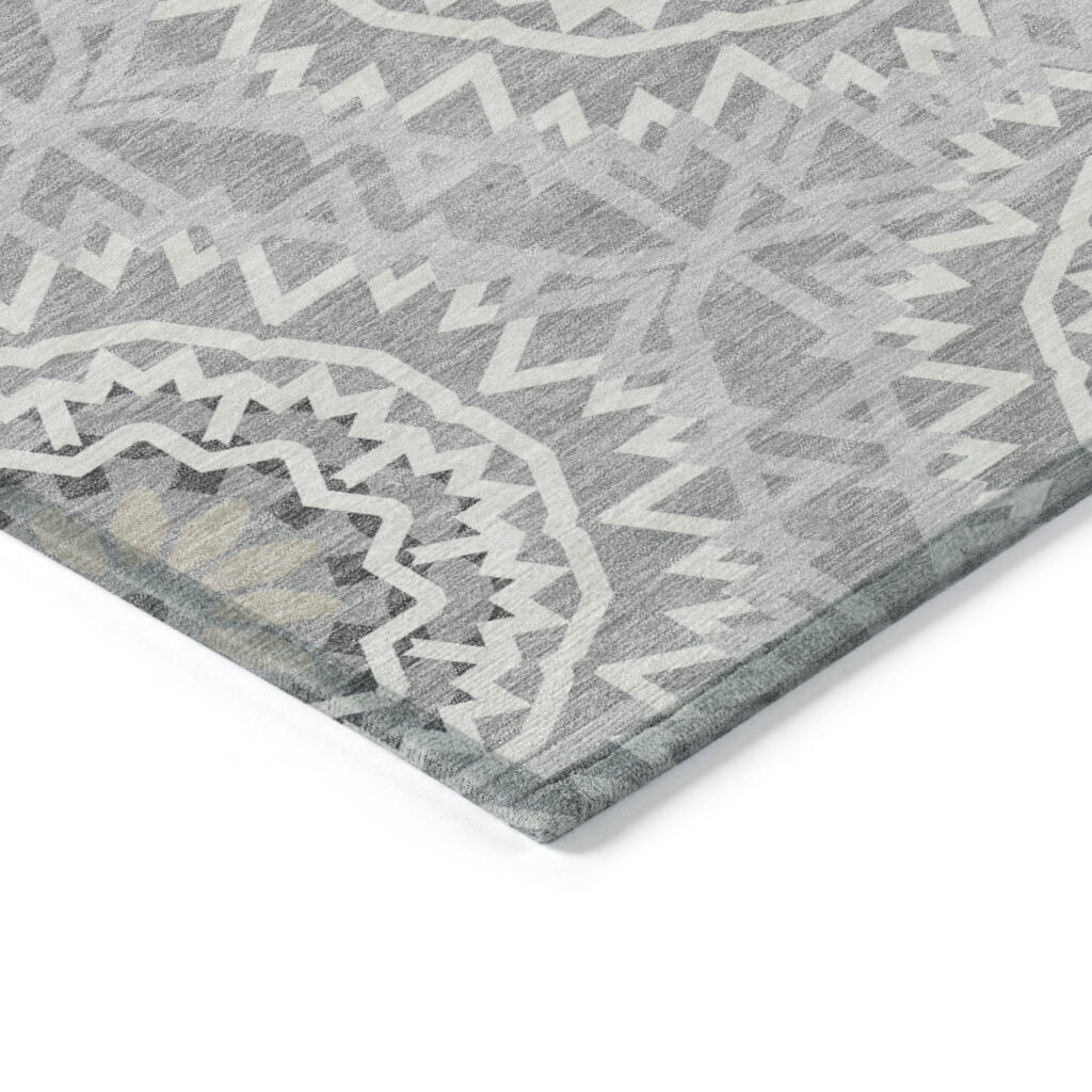 9' X 12' Gray Silver And Ivory Floral Medallion Washable Indoor Outdoor Area Rug