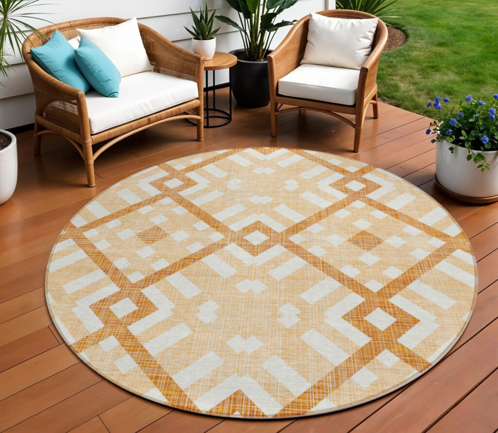 8' Peach Orange And Ivory Round Geometric Washable Indoor Outdoor Area Rug