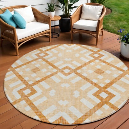 8' Peach Orange And Ivory Round Geometric Washable Indoor Outdoor Area Rug