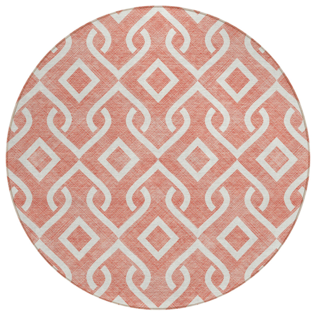 8' Salmon And Ivory Round Geometric Washable Indoor Outdoor Area Rug