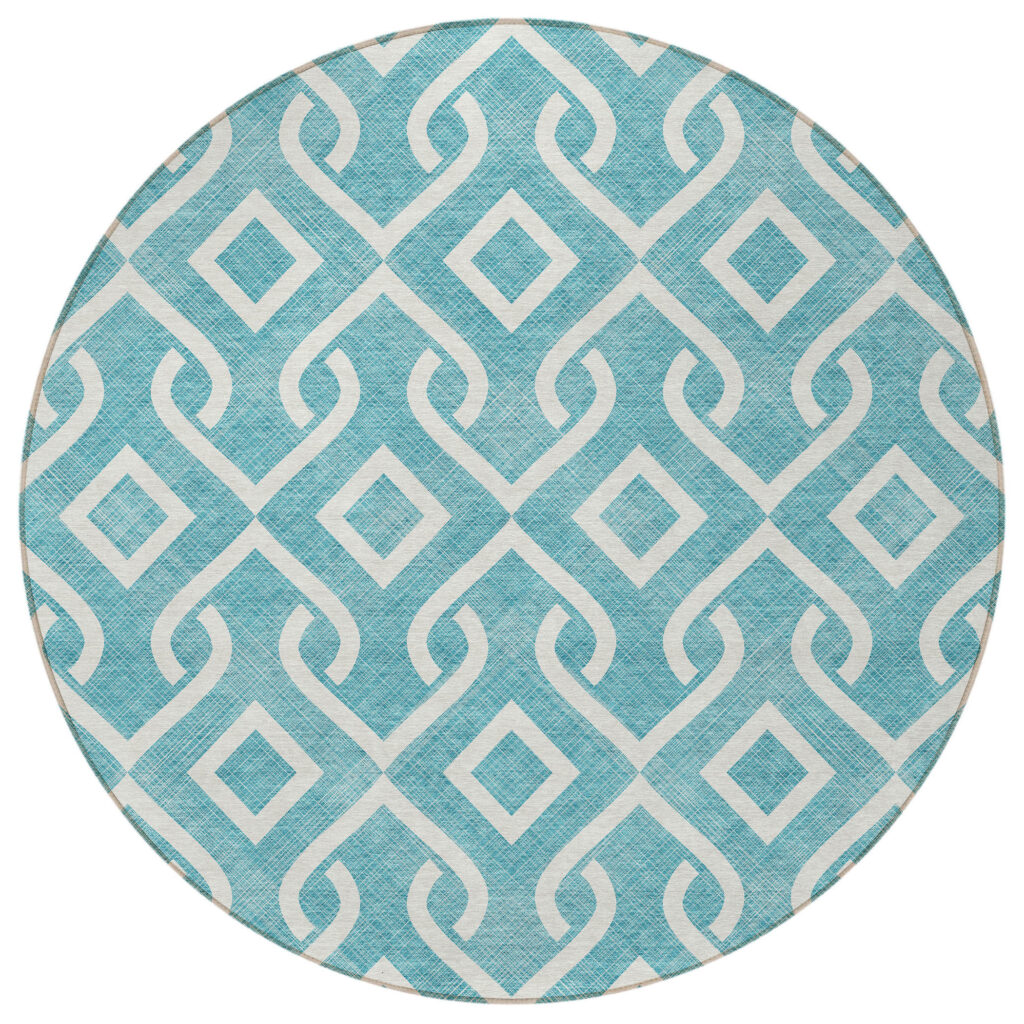 8' Teal Blue And Ivory Round Geometric Washable Indoor Outdoor Area Rug