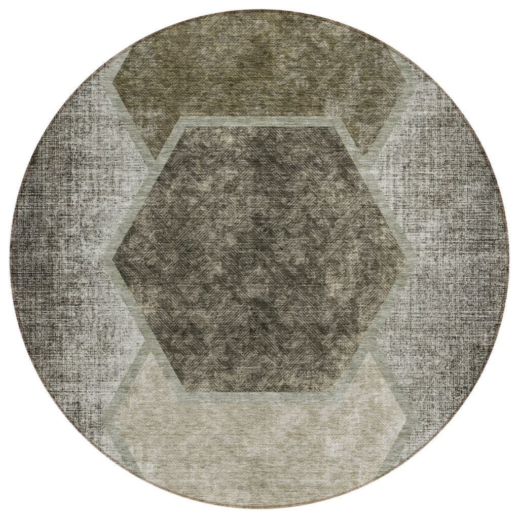 8' Taupe Beige And Chocolate Round Geometric Washable Indoor Outdoor Area Rug