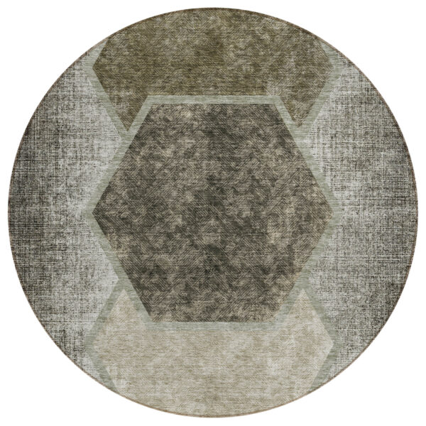 8' Taupe Beige And Chocolate Round Geometric Washable Indoor Outdoor Area Rug