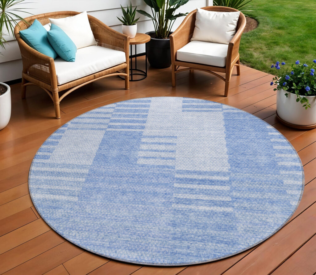 8' Sky Blue And Denim Blue Round Striped Washable Indoor Outdoor Area Rug