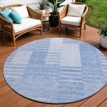 8' Sky Blue And Denim Blue Round Striped Washable Indoor Outdoor Area Rug