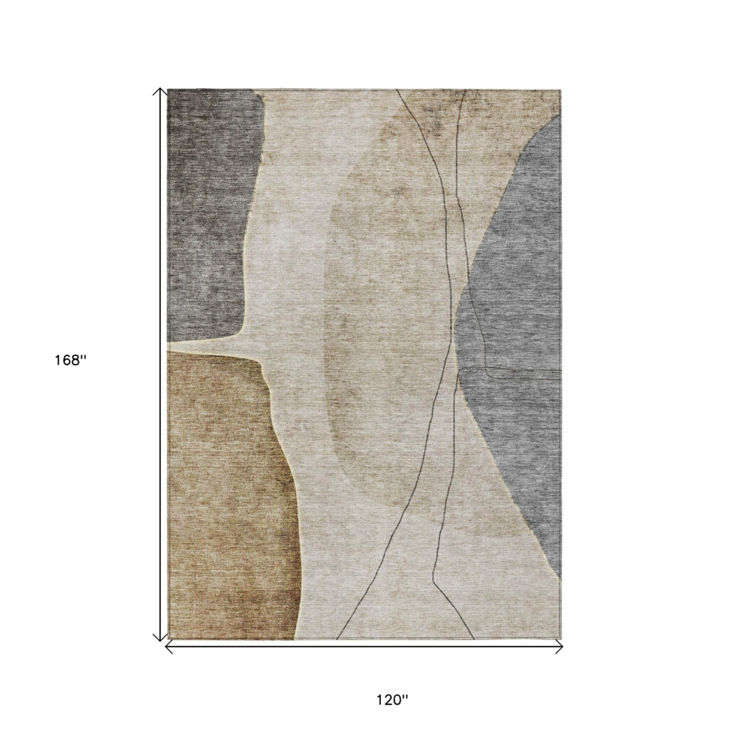 10' X 14' Taupe Beige And Gray Abstract Washable Indoor Outdoor Area Rug