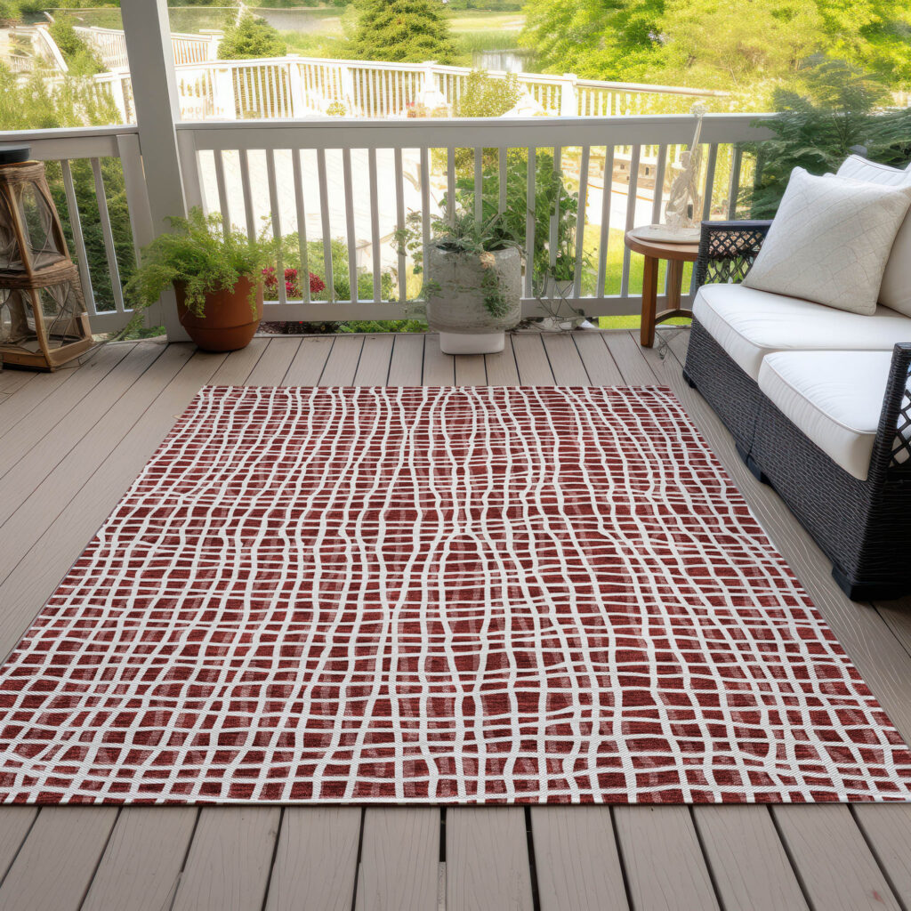 5' X 8' Burgundy And Ivory Striped Washable Indoor Outdoor Area Rug