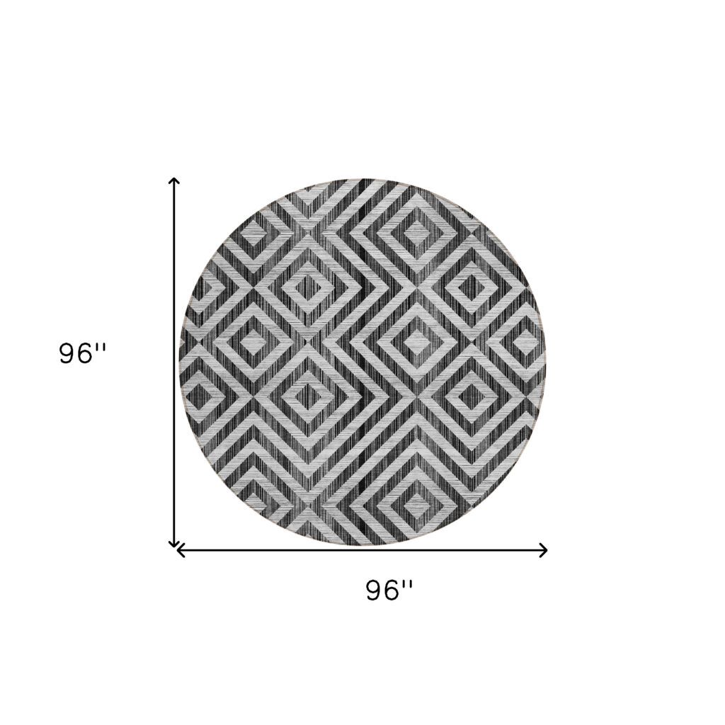 8' Black Gray And Silver Round Geometric Washable Indoor Outdoor Area Rug