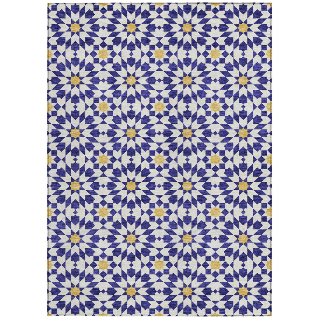 5' X 8' Navy Blue And Ivory Floral Medallion Washable Indoor Outdoor Area Rug