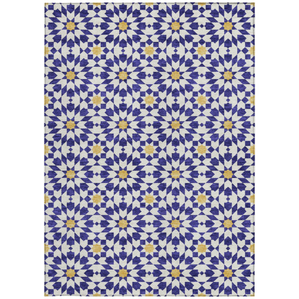 5' X 8' Navy Blue And Ivory Floral Medallion Washable Indoor Outdoor Area Rug