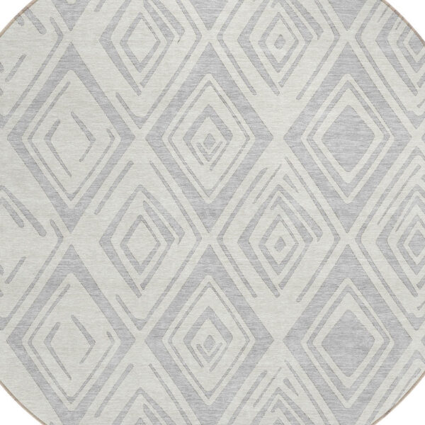 8' Pewter And Ivory Round Geometric Washable Indoor Outdoor Area Rug