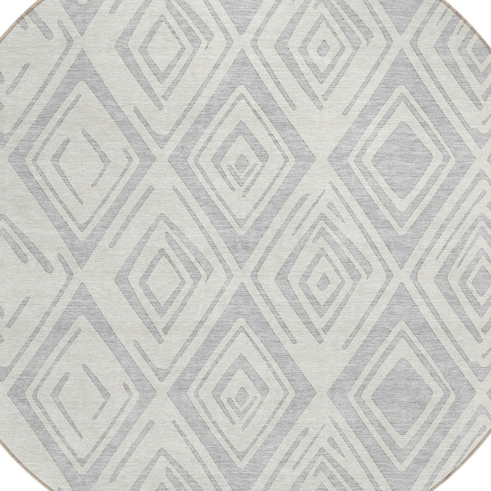 8' Pewter And Ivory Round Geometric Washable Indoor Outdoor Area Rug
