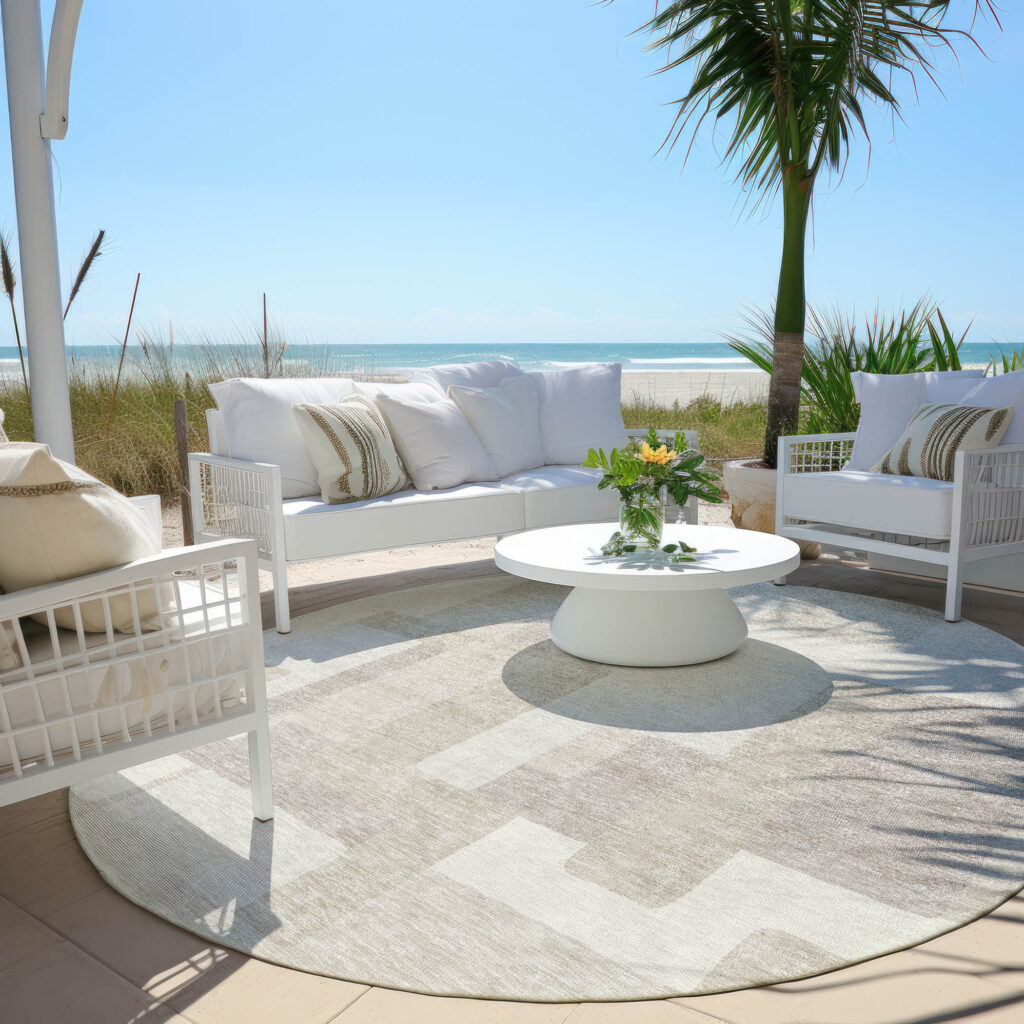 8' Beige Tan And Taupe Round Abstract Washable Indoor Outdoor Area Rug