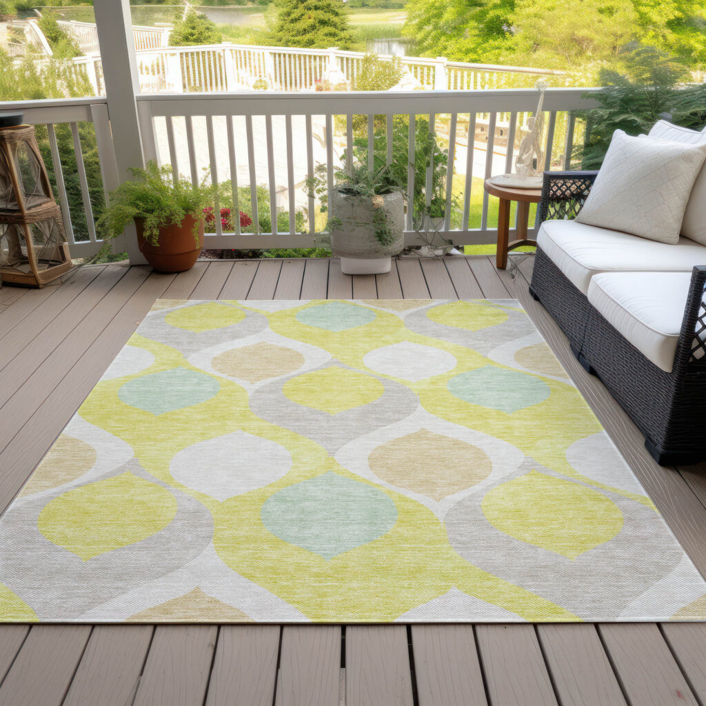 5' X 8' Yellow Mint Green And Beige Ogee Washable Indoor Outdoor Area Rug