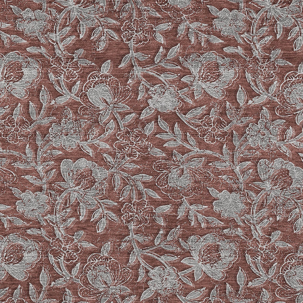 5' X 8' Orange Gray And Silver Floral Washable Indoor Outdoor Area Rug