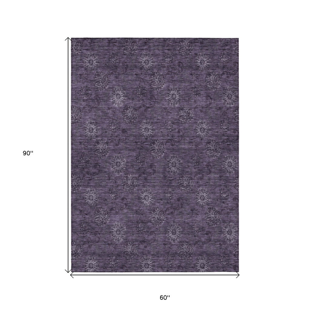 5' X 8' Eggplant And Purple Floral Washable Indoor Outdoor Area Rug