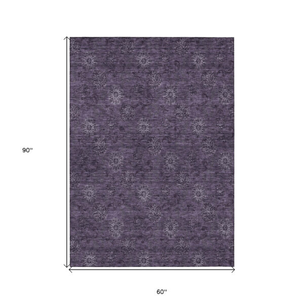 5' X 8' Eggplant And Purple Floral Washable Indoor Outdoor Area Rug