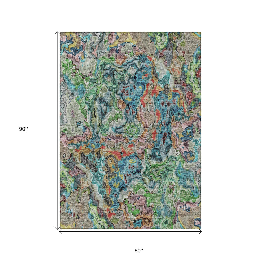 5' X 8' Orange And Teal Blue Abstract Washable Indoor Outdoor Area Rug