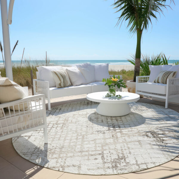 8' Taupe Beige And Brown Round Geometric Washable Indoor Outdoor Area Rug