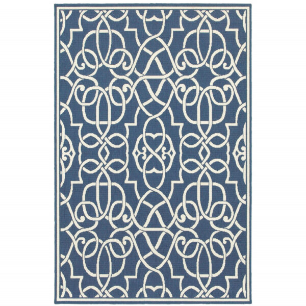 9' X 13' Blue and Ivory Geometric Stain Resistant Indoor Outdoor Area Rug