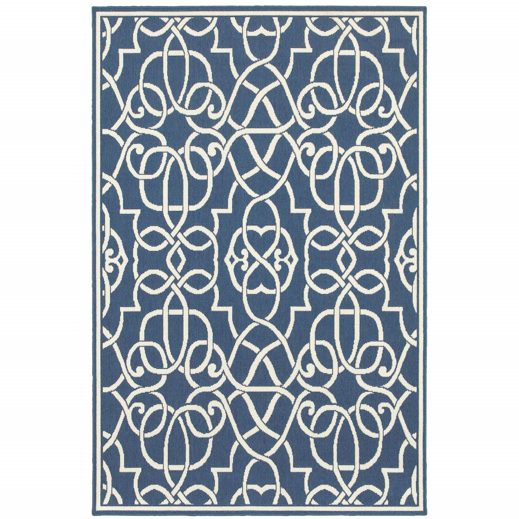 9' X 13' Blue and Ivory Geometric Stain Resistant Indoor Outdoor Area Rug