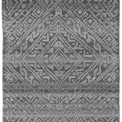 10' Gray Ivory and Blue Geometric Hand Knotted Runner Rug With Fringe